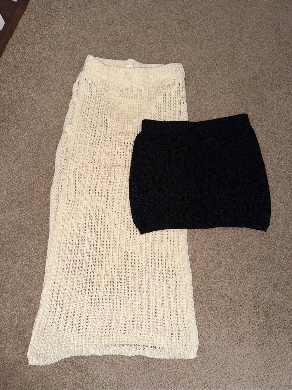 Cream Crochet Maxi Skirt & Black Knit Mini cover ups